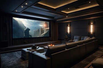 A home entertainment system with dim lighting, grey furniture, a spacious projection screen, and the option to enjoy popcorn.