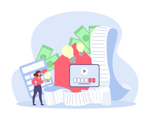 Woman reducing energy consumption vector illustration. Long and expensive electricity bill and calculator, people using power saving light bulbs. Energy consumption, cost of living concept - obrazy, fototapety, plakaty