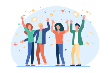 Group of friends celebrating success vector illustration. Large team cheering and having fun at party or anniversary with confetti falling. Friendship, celebration, reunion, support concept