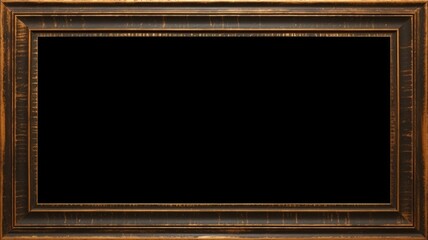Old empty antique black and gold wood picture frame isolated on background. Vintage distressed peeling paint texture wooden photo border. Realistic blank rectangular 3D rendering, Generative AI