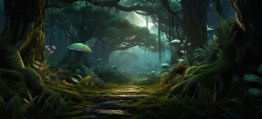 Enchanted summer forest path with mystical fog, vibrant green foliage, and magical light. Mysterious woods. Concept of nature and fantasy.