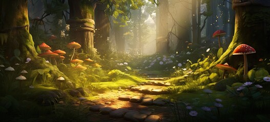 Tranquil summer woodland with fog trees, delicate foliage, and meandering path. Enchanted nature scene. Concept of fantasy and adventure.