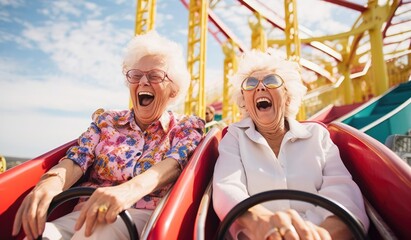 Fototapeta na wymiar Joyful elderly woman riding in an amusement park