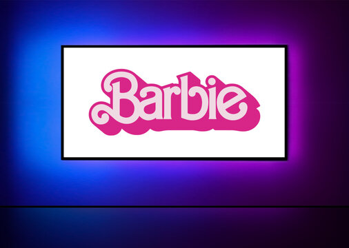 Pink Barbie logo on the big TV screen with neon colorful background on wall. Dark room in home with TV screen playing Barbie trailer or movie. Realistic vector illustration. NY, NY-USA - July 9 2023.