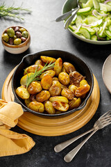 Roasted new potato with rosemary in frying pan, dark background.