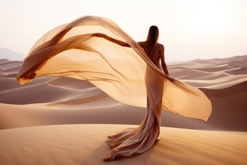 Woman in a long dress walking in the desert with  flowing fabric in the wind 