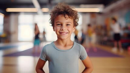 Photography of a pleased, child boy that is doing yoga wearing a fitness attire against a yoga studio background. Generative AI