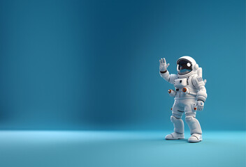 astronaute qui dit bonjour avec la main sur un fond bleu