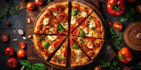 Tasty Italian pizza close-up. View from above. Generative AI