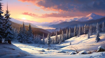 雪の積もった山の夕焼け
