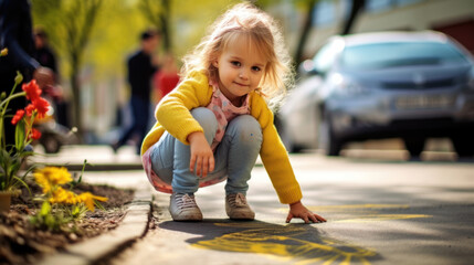 Fototapeta premium Little 3-year-old girl drawing with crayons on the asphalt