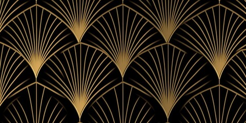 Seamless golden Art Deco scallop palm fan line pattern. Vintage abstract geometric gold plated high relief sculpture on dark black background. Modern elegant metallic luxury backdrop. Generative AI