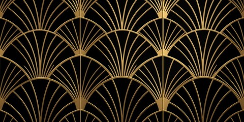 Seamless golden Art Deco scallop palm fan line pattern. Vintage abstract geometric gold plated high relief sculpture on dark black background. Modern elegant metallic luxury backdrop. Generative AI