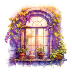 Fairy Tale window watercolor hand painted vector ilustration