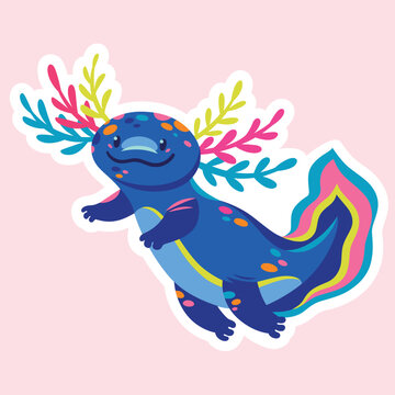 Cute cartoon axolotl, amphibian creature. Vector sticker