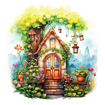  Fairytale house in the village watercolor paint