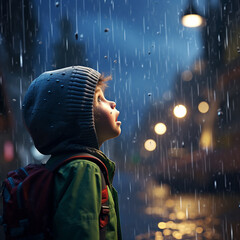 A child looking at the rain with a surprised expression, in 3D style.