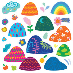 Collection of rainbow decorative round shape hills and mountains. Vector illustration