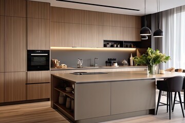 Modern kitchen design enhances the stylish appearance of the apartments interior, offering inspiration for the overall home design.