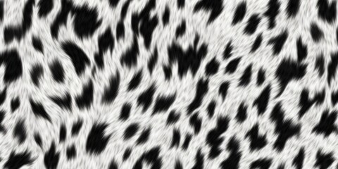 Seamless soft fluffy large mottled cow skin, dalmatian or calico cat spots camouflage pattern. Realistic black and white long pile animal print rug, Generative AI