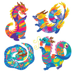 Set with four cute bright abstract Dragon characters  - 632999732