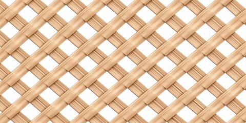 Seamless wood diamond lattice or trellis background texture isolated on white. Tileable light brown redwood, pine or oak woven diagonal crosshatch fence planks pattern. 3D, Generative AI