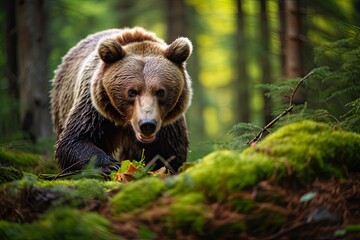 Obraz na płótnie Canvas Wild Brown Bear Eating in the Wilderness. Close Encounter with Big Brown Bear in Slovenia's Forest and Mountain Background: Generative AI