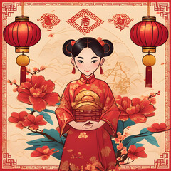 A female child congratulates everyone on Happy Chinese New Year. Lanterns, flowers, and leaves in the background