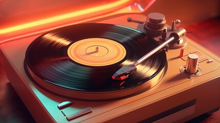 Digital illustration of a retro 70s turntable with vinyl record emitting a warm aura