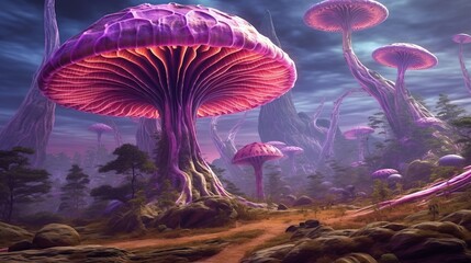 Illustration of a mystical glowing violet mushroom