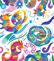 Fototapeta na wymiar Seamless pattern with cute bright abstract Dragons among the stars and fireworks