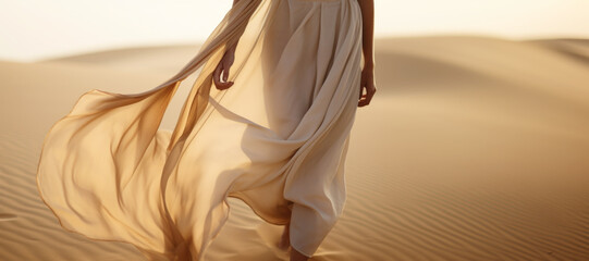 Woman in a long dress walking in the desert with flowing fabric in the wind