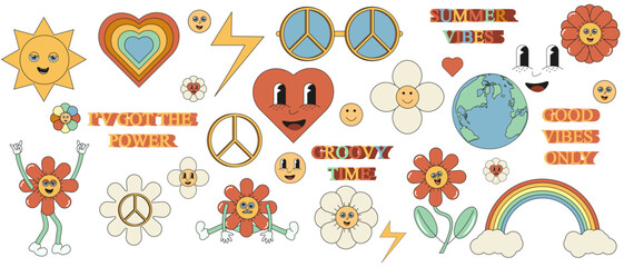 Trendy Groovy hippie 70s set. Funny Cartoon flower, rainbow, peace, heart, daisy. Sticker pack in Trendy Retro Psychedelic Cartoon style isolated on white background. Vector illustration. 