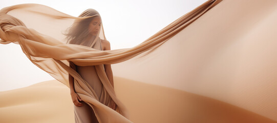 Woman in a long dress walking in the desert with flowing fabric in the wind