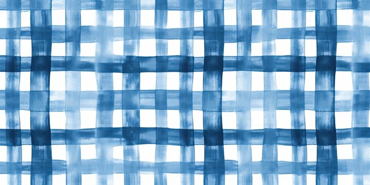 Seamless Hand Drawn Watercolor Gingham Window pane grid plaid Stripes pattern in indigo blue and white. Baby boy or nautical theme. High resolution textile texture, Generative AI