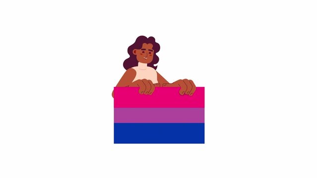African american woman holding bi flag 2D character animation. LGBT march flat cartoon 4K video, transparent alpha channel. Black girl smiling, supporting LGBTQ animated person on white background