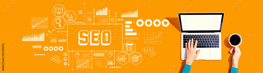 Poster seo - search engine optimization theme with person using a laptop computer
