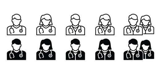 Doctor line and flat icons set. Doctor and nurse icon symbol on white background. Vector illustration