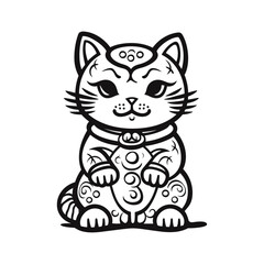 Vector illustration isolated on white kawaii asian cat. Neko with one hand up. Lucky cat Maneki Neko Outline Icon coloring book black line