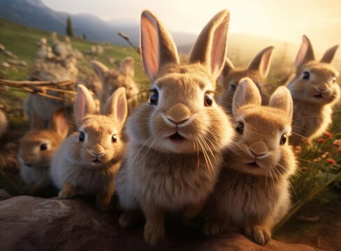 Several rabbits take a group selfie