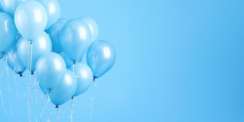 blue balloons on a blue background, with place for text. The banner is blue. Generative AI
