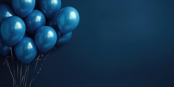 Dark blue balloons on a blue background, with space for text. The banner is dark blue. 