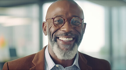 Handsome cheerful african american executive business man at workspace office. 60 year old successful manager.