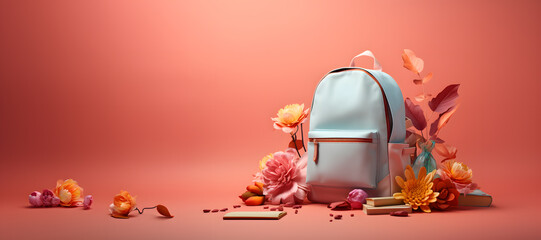 Back to School, Modern Baby Blue Backpack with Books, on Autumn Pastel Background with Leaf and Flower