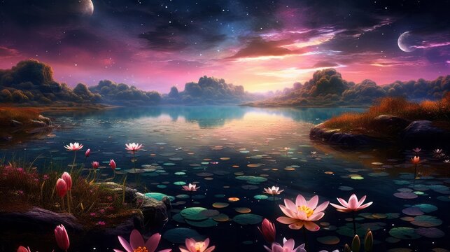 Illustration of water lilies in a serene night-time pond