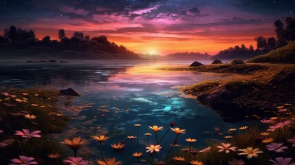 Fototapeta na wymiar Illustration of water lilies in a serene night-time pond