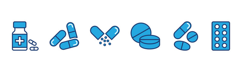 Pills line and flat icons set. Medicine, drug, pharmacy, drugstore, pharmacist icons symbol. Medical care vector illustration