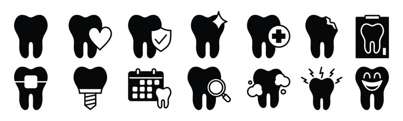 Dental flat icons set. Dentist, tooth, love, insurance, clean, care, broken, sick, agenda, smile and other icon symbol. Medicals care vector illustration