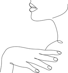 Minimal line art woman with hand on face. Black Lines Drawing. - Vector illustration