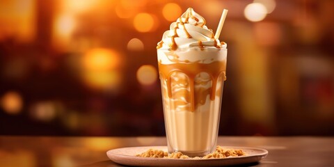 Milkshake in a glass with peanuts, whipped cream and caramel sauce, on an orange background. Milk caramel cocktail. 